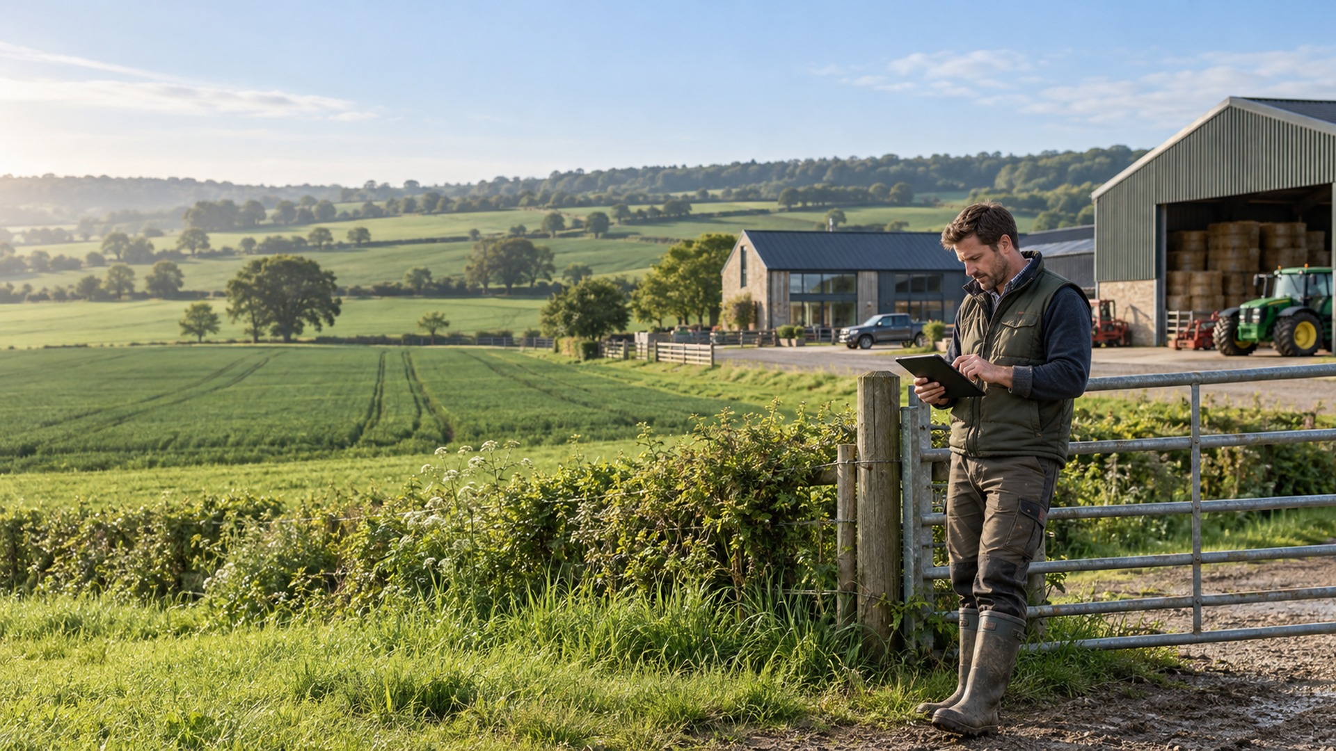 Illustrative countryside scene of a farmer using a tablet beside fields and a farmyard